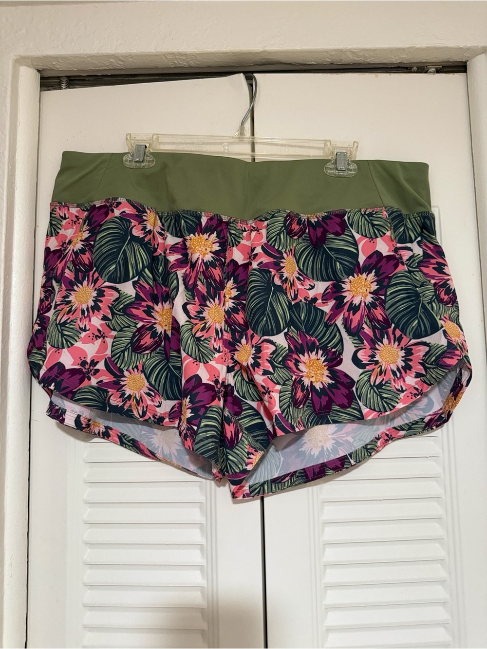 MTA Sport Pink Floral Athletic Shorts with Olive Waistband